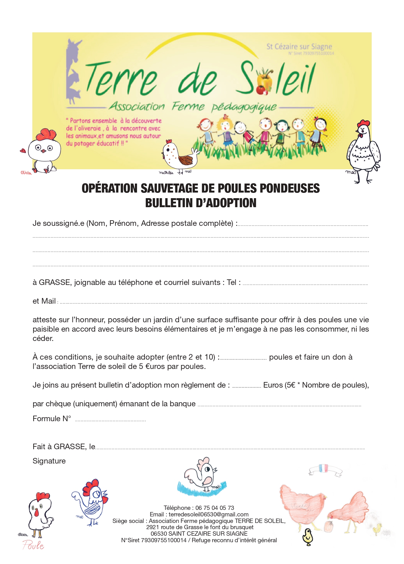 Bulletin d'adoption d'une poule pondeuse à Grasse